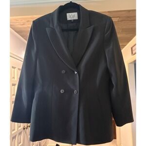 Le Suit Petite Womens 12P Brown Pinstripe Double Breasted Blazer Jacket Lined